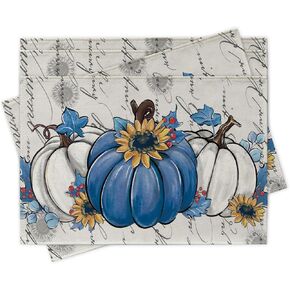 Fall Blue White Pumpkin Table Runner, Autumn Thanksgiving Sunflower Eucalyptus Leaves Kitchen Dining Table Decoration, Seasonal Indoor Outdoor Home Decor Party Supply 13 x 36 Inch
