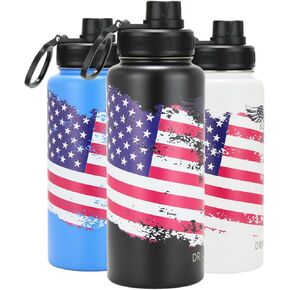 DRINCO Stainless Steel Water Bottle Spout Lid Vacuum Insulated Double Wall Water Bottle USA Flag Military Veteran (32oz Skull Black, 32oz)