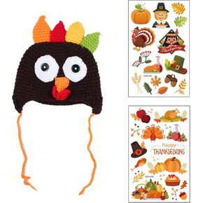 Baby Thanksgiving Christmas Beanie Turkey Hat and Stickers Brown Turkey Knitted Cap with Ear Flap Elk Hat Photo Prop