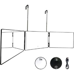 3 Way Mirror for Hair Cutting with Trifold Mirror，Dye Hair and Makeup with Adjustable Height Brackets Perfect for Haircuts Grooming Makeup Anywhere 5X Magnification Mirror (Bright Black（without Led）)