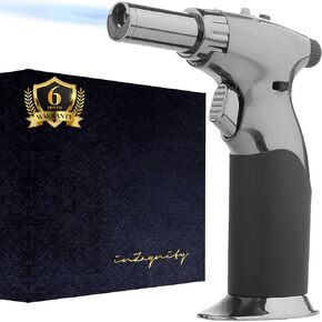 Dual Flame Butane Torch - Refillable Handheld Blow Torch for Cooking, Soldering, & Resin Art w/Adjustable Flame & Ignition Lock - Kitchen Blow Torch & Luxurious Gift Box by inZaynity - Brown Steel
