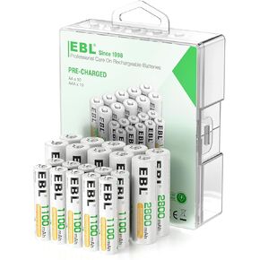 EBL Rechargeable Batteries Combo, AA 2800mAh (10 Pack) and AAA 1100mAh (10 Pack) High Capacity Precharged Ni-MH Rechargeable Batteries with Battery Organizer Storage Box