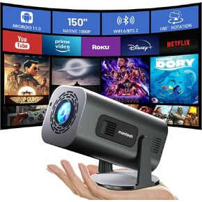 Mini Projector with WiFi and Bluetooth, 180°Adjustable Stand Smart Projector, 150" Portable Projector with Android TV 11.0, 2.4G/5G, Native 1080P, 300 ANSI Auto Keyston Outdoor/Home Movie, Iron Grey