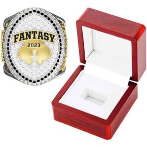2023 Fantasy Football Championship Ring Stand Included - Gold or Silver | FFL Champion Ring With Many Bright Clear & Black Stones - Sizes 8 – 14