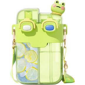 Cute Water Bottle for Kids: 26oz Kawaii Water Bottle for Girls, Funny Bear Water Bottles with Straw and Strap, Dual Compartments Leak-proof Plastic Drinking Cup for School Sport Travel (Pink)