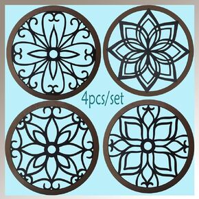 LINZITOA 4Pcs Thicken Rustic Wall Decor Farmhouse Wall Art Wooden Hollow Carved Design Decor Rustic Round Wall Art for Living Room Bedroom Hallway Decor Kitchen Wall light Brown, round 11.81Inch