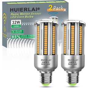 Radar Motion Sensor LED light bulbs, 32W Daylight White 6000K 4000LM (300W Equivalent) Auto Motion Detector Activated Dusk to Dawn Light for Stairway, Hallway, Porch, Garage, Driveway, Patio, 2 Pack