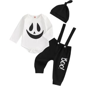 Lamuusaa Newborn Baby Boy Halloween Outfit Smile Long Sleeve Romper Suspender Pants Overalls Hat 3Pcs Fall Outfit 0-18M