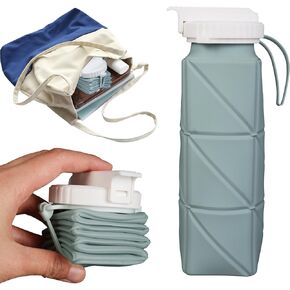600ml Collapsible Travel Water Bottle - Lightweight and Folding Food-Grade BPA-Free Silicone Water Bottle for Sports, Camping and Hiking (Grey)