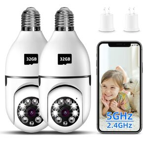 Light Bulb Security Camera, 2K Wireless Camera for Light Bulb Pet Camera, 360 ° PTZ Light Socket Security Camera with Motion Detection Auto Tracking (2Pack 5GHz & 2.4GHz with 32GB SD Card)