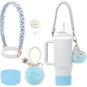 BELSITA Stanley Cup Accessories Set, Pom Pom Pearl Chain Braided Design Water Bottle Handle Strap, Silicone Stanley Cup Boot, Stanley Charms for Stanley Cup 30/40oz Tumble