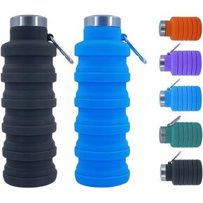 Collapsible Water Bottles，2 pack BPA Free Travel Silicone Water Bottle with Carabiner，17oz Reusable Foldable Lightweight Portable Sports Water Bottle for Travel Gym Camping Hiking
