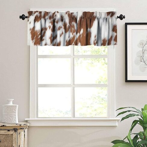 Cowhide Animal Kitchen Curtain Valance, Vintage Brown White Milk Cow Skin Print Farmhouse Animal Cowhide Rustic Western Farm Window Valance, For Bedroom Living Room Cafe Bathroom 1 Panels W54xL18in in Saudi Arabia