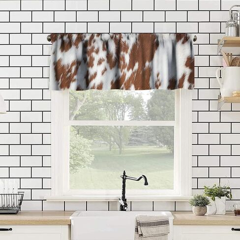 Cowhide Animal Kitchen Curtain Valance, Vintage Brown White Milk Cow Skin Print Farmhouse Animal Cowhide Rustic Western Farm Window Valance, For Bedroom Living Room Cafe Bathroom 1 Panels W54xL18in in Saudi Arabia