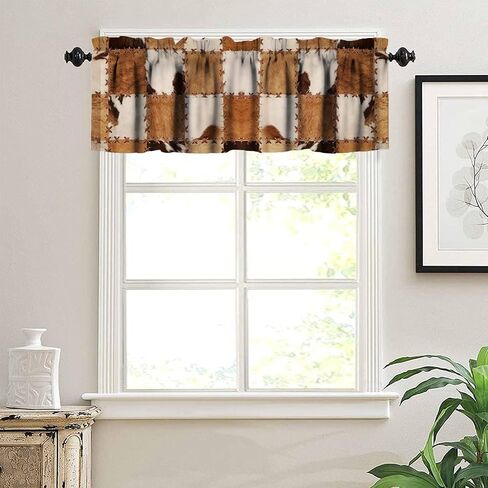 Cowhide Animal Kitchen Curtain Valance, Vintage Brown White Milk Cow Skin Print Farmhouse Animal Cowhide Rustic Western Farm Window Valance, For Bedroom Living Room Cafe Bathroom 1 Panels W54xL18in in Saudi Arabia