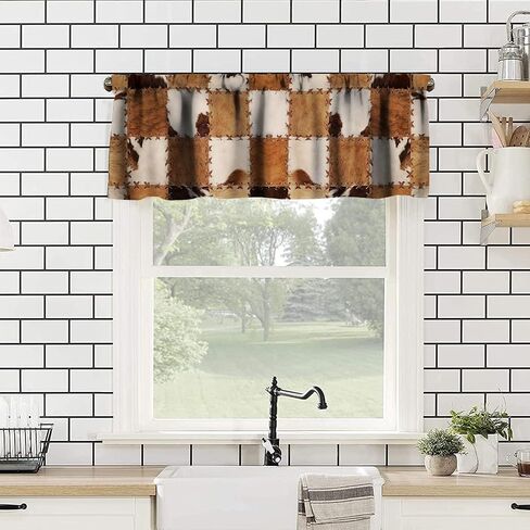 Cowhide Animal Kitchen Curtain Valance, Vintage Brown White Milk Cow Skin Print Farmhouse Animal Cowhide Rustic Western Farm Window Valance, For Bedroom Living Room Cafe Bathroom 1 Panels W54xL18in in Saudi Arabia