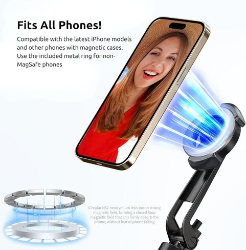 حامل ثلاثي القوائم لـ Magsafe، حامل قابل للتمديد مقاس 49 بوصة مع جهاز تحكم عن بعد، حامل هاتف بكوب شفط مغناطيسي مع مشبك، عصا سيلفي محمولة لهاتف iPhone 12/13/14/15، وSamsung Galaxy للسفر والصور in Kuwait