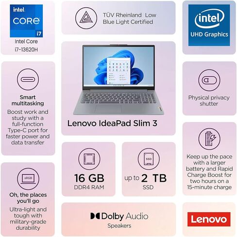 Lenovo IdeaPad Slim 3 15.6 Pro i7 Business Laptop, Intel i7-13620H, 15.6" FHD Display, 16GB RAM, 1TB SSD, Webcam, HDMI, SD Card Reader, Wi-Fi 6, Windows 11 Pro, Grey, with 512 External SSD Bundle in Saudi Arabia
