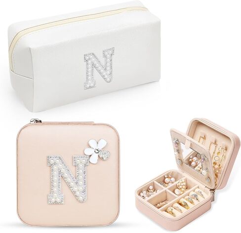 Personalized Initial Jewelry Box Travel Jewelry Case With Mirror, Makeup Bag Cosmetic Bag Ring Necklace Earring Holder Organizer, for Teen Girls Friend Woman Birthday Gift(R) in Saudi Arabia