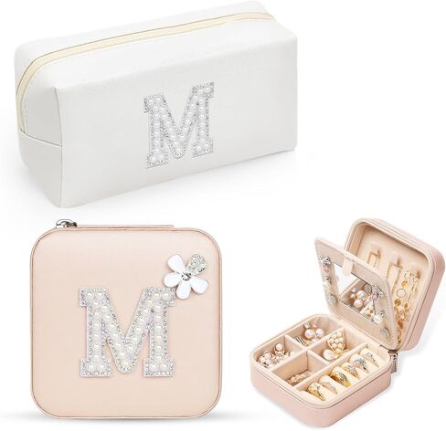 Personalized Initial Jewelry Box Travel Jewelry Case With Mirror, Makeup Bag Cosmetic Bag Ring Necklace Earring Holder Organizer, for Teen Girls Friend Woman Birthday Gift(R) in Kuwait