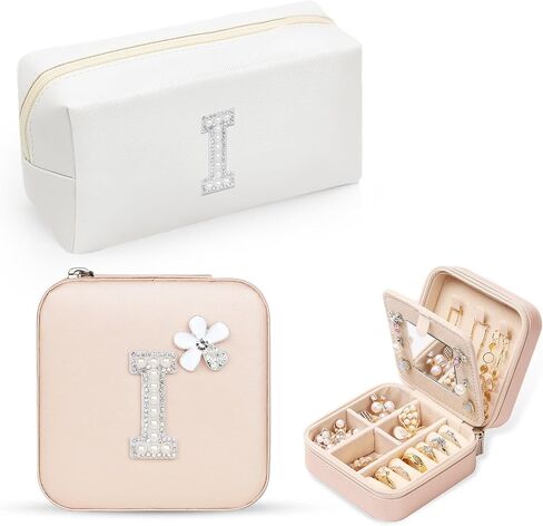 Personalized Initial Jewelry Box Travel Jewelry Case With Mirror, Makeup Bag Cosmetic Bag Ring Necklace Earring Holder Organizer, for Teen Girls Friend Woman Birthday Gift(R) in Saudi Arabia