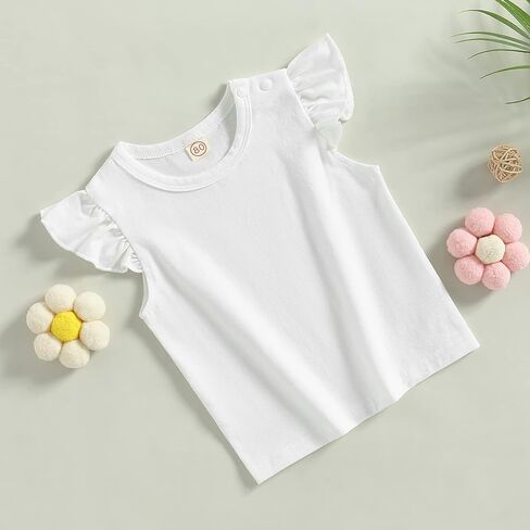 Yoawdats Baby Girls Short Sleeve T-Shirt Tee Ruffled Fly Sleeve Solid Basic Tops Infant Little Kids Outfit Casual Clothes in Saudi Arabia