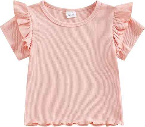 Yoawdats Baby Girls Short Sleeve T-Shirt Tee Ruffled Fly Sleeve Solid Basic Tops Infant Little Kids Outfit Casual Clothes in Saudi Arabia