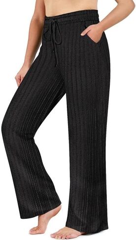 TIYOMI Plus Size Ribbed Pants for Women Drawstring High Waist Wide Leg Lounge Pants Knit Flared Trousers with Pockets XL-5XL in Saudi Arabia