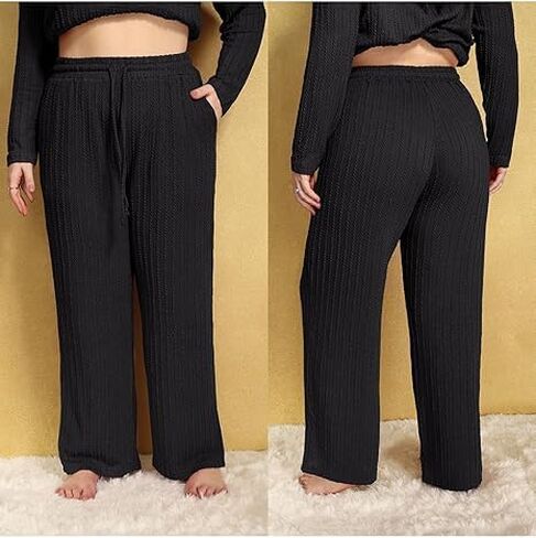 TIYOMI Plus Size Ribbed Pants for Women Drawstring High Waist Wide Leg Lounge Pants Knit Flared Trousers with Pockets XL-5XL in Saudi Arabia