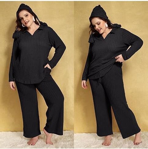 TIYOMI Plus Size Ribbed Pants for Women Drawstring High Waist Wide Leg Lounge Pants Knit Flared Trousers with Pockets XL-5XL in Saudi Arabia