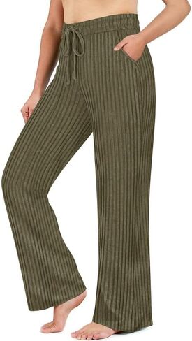 TIYOMI Plus Size Ribbed Pants for Women Drawstring High Waist Wide Leg Lounge Pants Knit Flared Trousers with Pockets XL-5XL in Saudi Arabia