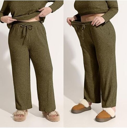 TIYOMI Plus Size Ribbed Pants for Women Drawstring High Waist Wide Leg Lounge Pants Knit Flared Trousers with Pockets XL-5XL in Saudi Arabia