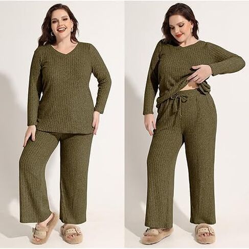 TIYOMI Plus Size Ribbed Pants for Women Drawstring High Waist Wide Leg Lounge Pants Knit Flared Trousers with Pockets XL-5XL in Saudi Arabia