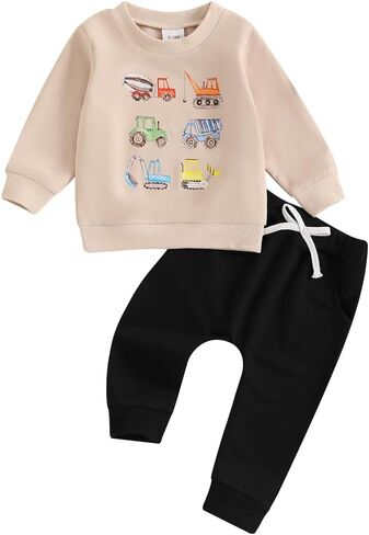 Pudcoco Toddler Baby Boy Fall Winter Clothes Construction Truck Excavator Sweatshirt Jogger Pants Outfit Set in Kuwait