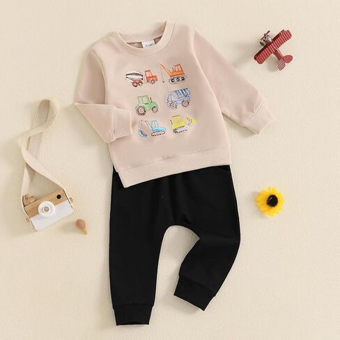 Pudcoco Toddler Baby Boy Fall Winter Clothes Construction Truck Excavator Sweatshirt Jogger Pants Outfit Set in Kuwait