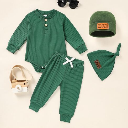 Newborn Baby Boy Girl Clothes Set Ribbed Outfits Solid Long Sleeve Tops Pants Romper Winter Fall Toddler 0-12 Months in Saudi Arabia