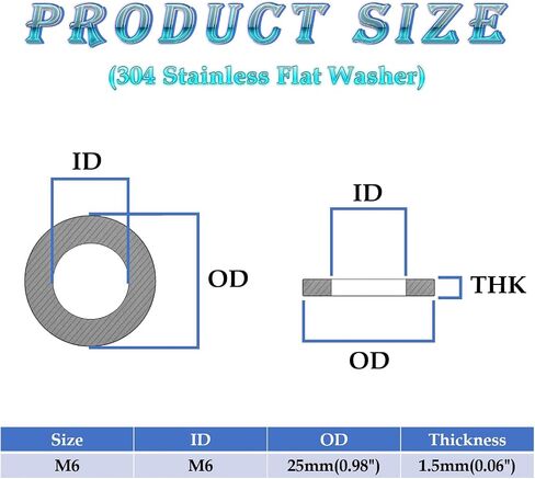 100Pcs M6 Stainless Flat Washer,12mm Outside Diameter,1.5mm Thickness 304 Stainless Steel Flat Washers(M6x12mm) in Saudi Arabia