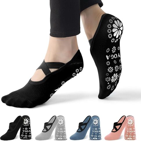 Yoga Socks, Pilates Socks, Grip Socks for Women, 4 Pairs Grips Straps Socks, Athletic Socks for US 5-10 in Saudi Arabia
