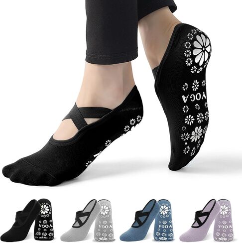 Yoga Socks, Pilates Socks, Grip Socks for Women, 4 Pairs Grips Straps Socks, Athletic Socks for US 5-10 in Saudi Arabia