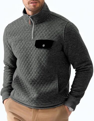 Men's Quarter Zip Sweatshirt Casual Long Sleeve Mock Neck Pullover Geometric Texture Polo Sweatshirts with Pocket in Kuwait