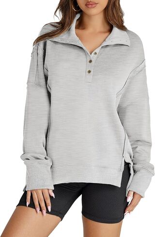 Glamaker Women's Oversized Sweatshirt Casual Long Sleeve Button V Neck Pullover Loose Tops Outfits Fall Fashion in Saudi Arabia