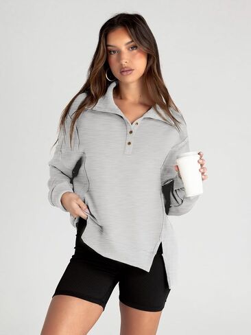Glamaker Women's Oversized Sweatshirt Casual Long Sleeve Button V Neck Pullover Loose Tops Outfits Fall Fashion in Saudi Arabia