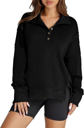 Glamaker Women's Oversized Sweatshirt Casual Long Sleeve Button V Neck Pullover Loose Tops Outfits Fall Fashion in Saudi Arabia