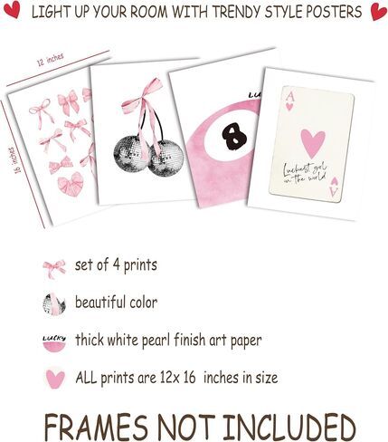 LiTiu Preppy Coquette Room Decor, Preppy Posters for Room Aesthetic Set of 4, Dorm Decor, Pink Cherry Bow Lucky 8 Ball Coquette Wall Decor Posters for Girls Bedroom, 8x10 in Poster (Unframed) in Saudi Arabia