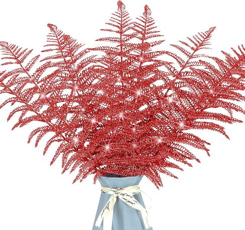 12Pcs Christmas Glitter Leaves 43cm Artificial Boston Fern Bush Tropical Leaves Fake Leaf Picks Sprays for Xmas Tree Decoration Flower Arrangment New Year Holiday Home Decor (Light Green) in Saudi Arabia