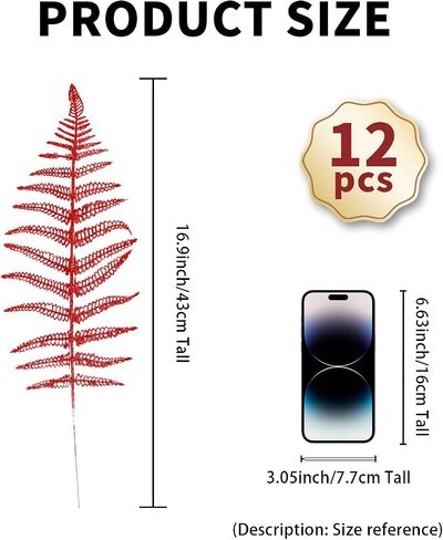 12Pcs Christmas Glitter Leaves 43cm Artificial Boston Fern Bush Tropical Leaves Fake Leaf Picks Sprays for Xmas Tree Decoration Flower Arrangment New Year Holiday Home Decor (Light Green) in Saudi Arabia