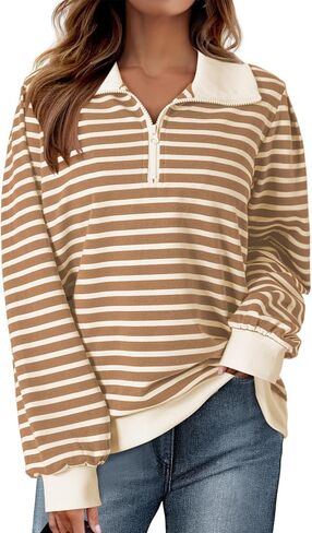 Dokotoo Women's Casual Sweatshirts Half Zip 2024 Fashion Long Sleeve Striped Sweatshirt Pullover Shirts Tops in Saudi Arabia