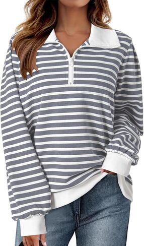 Dokotoo Women's Casual Sweatshirts Half Zip 2024 Fashion Long Sleeve Striped Sweatshirt Pullover Shirts Tops in Saudi Arabia