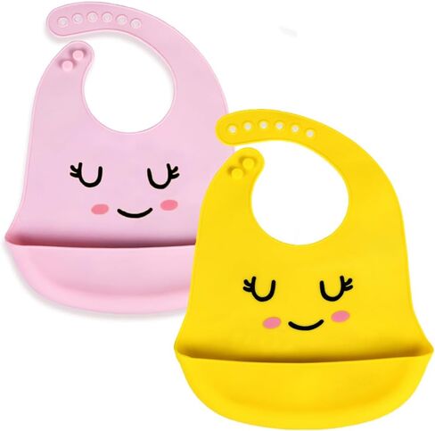 2 Pack Adjustable Waterproof Food Grade Silicone Feeding Bib with Food Catcher Pocket for 0-36 Month Baby Easy Clean in Saudi Arabia