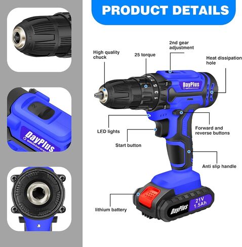 21V Cordless Drill Driver，Handheld Screwdriver Drill Set with 26PCS Drill Bits, 2 X 1500mAh Batteries,25+1 Torque Setting, 45N.m Max,2 Variable Speed, LED Light for Home and Garden DIY Project in Saudi Arabia